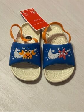 Nike Kids Unisex Blue Crab & Starfish Slip-On Sandals with Orange Heel Strap